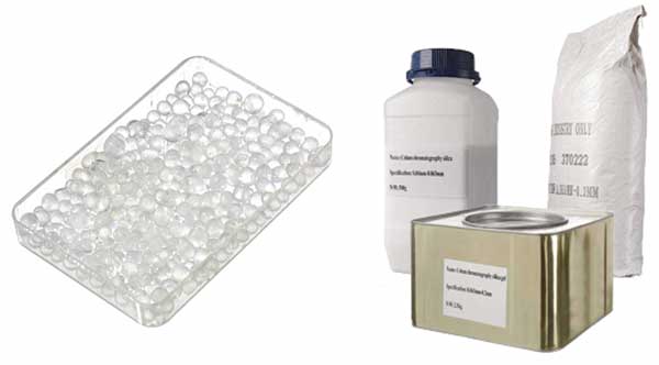 Bulk silica gel in a bowl and packed in different packaging units